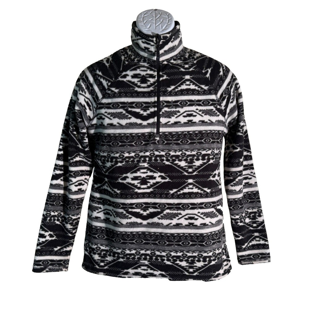 Eddie Bauer Black White Fair Isle Long Sleeve 1/4 Zip Fleece Jacket Womens Small